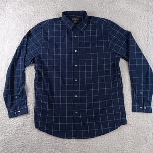 Claiborne Button Down Shirt Mens Large Navy Blue Windowpane Check Stretch L/S